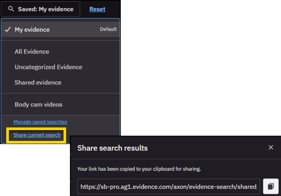 Search options menu expanded with the sahre current search option highlighted.