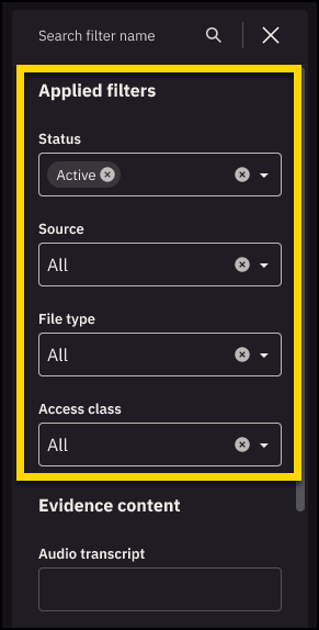 Axon Evidence search page with a focus on the applied filters in teh advanced filters panel.