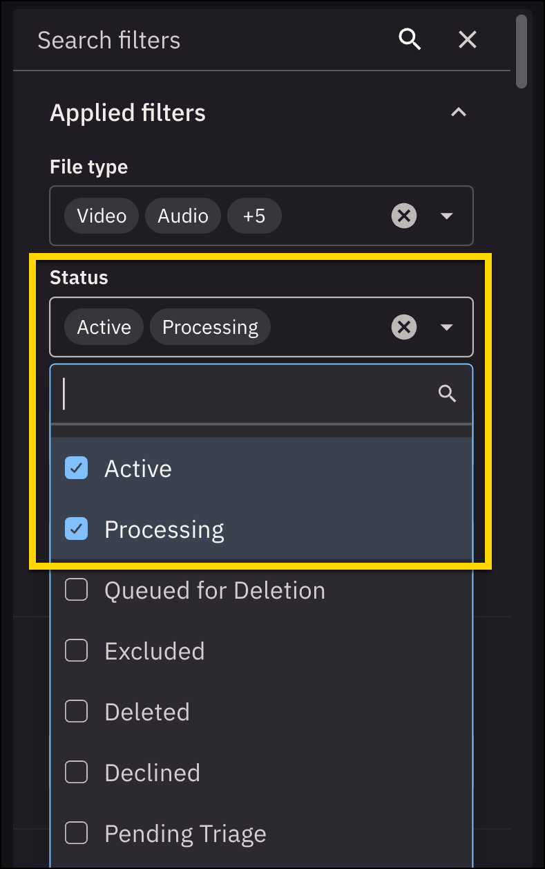 Filter panel expanded to show the Status option with Active and Processing selected.