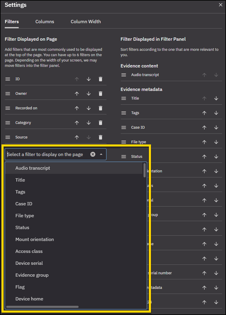 Table settings panel open to the Filters tab with the search bar highlighted.