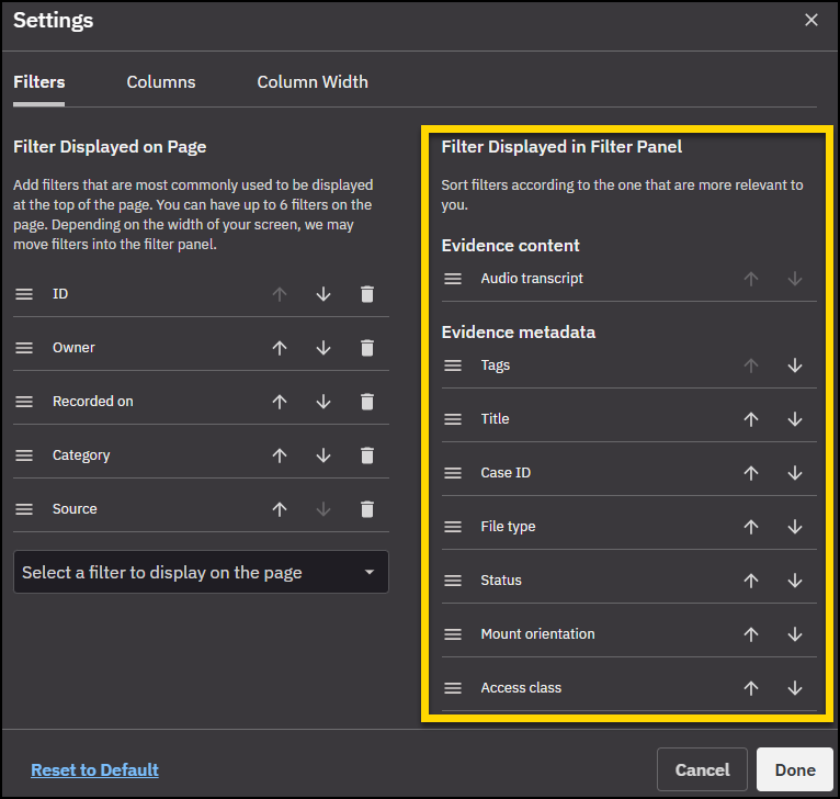 Table settings panel with the Filter displayed in filter panel section highlighted.