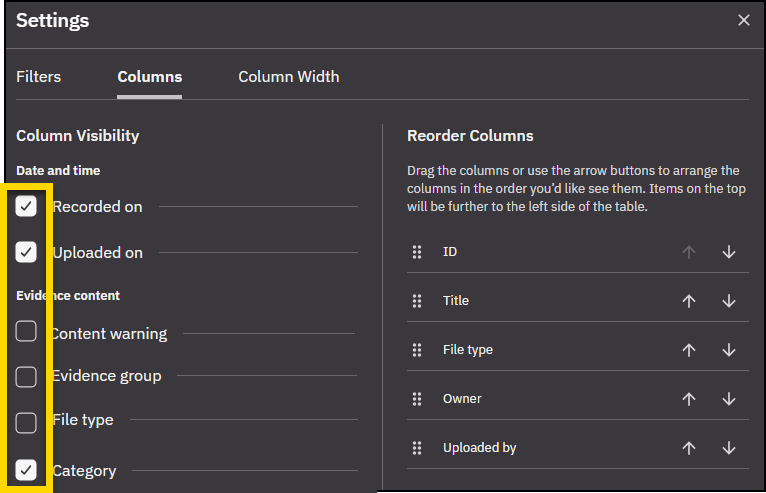 Settings pane open to the Columns tab with the colu,n visibility checkboxes highlighted.