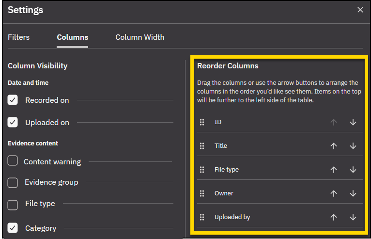 Settings pane open to the columns tab with the reorder columns section highlighted.
