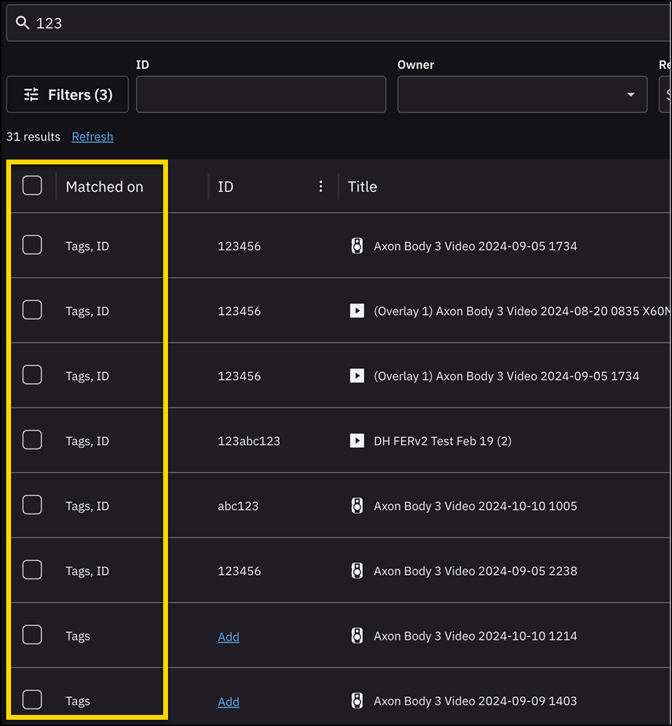 Evidence search page with the Matched on column highlighted.