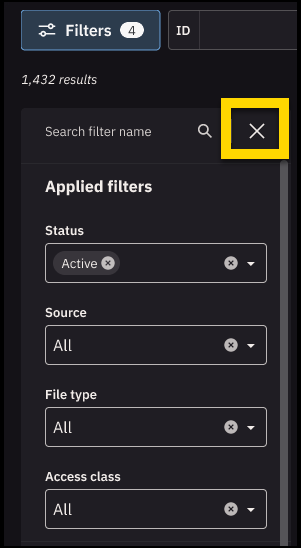Filters panel with the X (close) button highlighted in yellow.