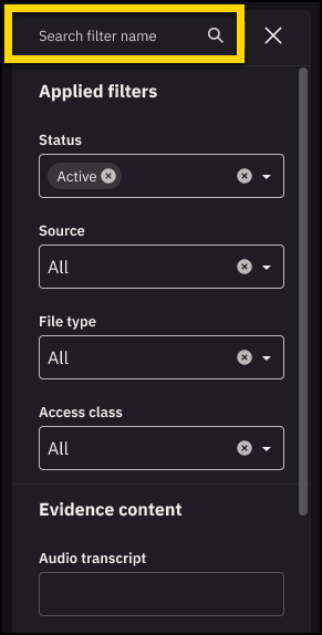 Axon Evidence search page with a focus on the advanced filters search bar.