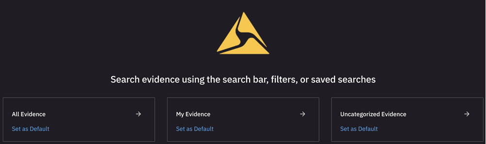 Search page showing tiles for all evidence, my evidence, and uncategorized evidence.