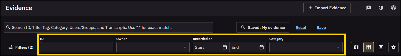 Cropped section of the Axon Evidence search page with the ID, Owner, Recorded on, and Category filters highlighted.