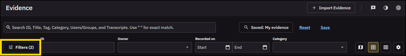 Cropped section of the evidence search page with the Filters panel highlighted.