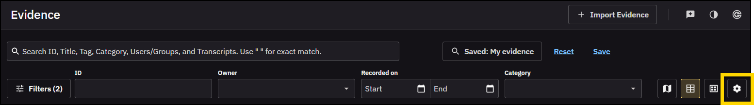 Cropped section of the evidence search page with the Settings gear highlighted.