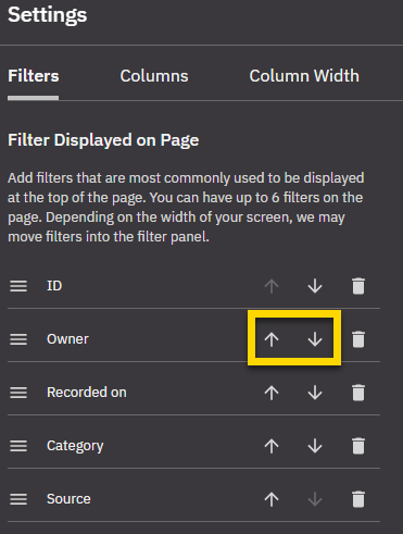 Table settings panel open to the Filters tab with the Move up and Move down arrows highlighted.