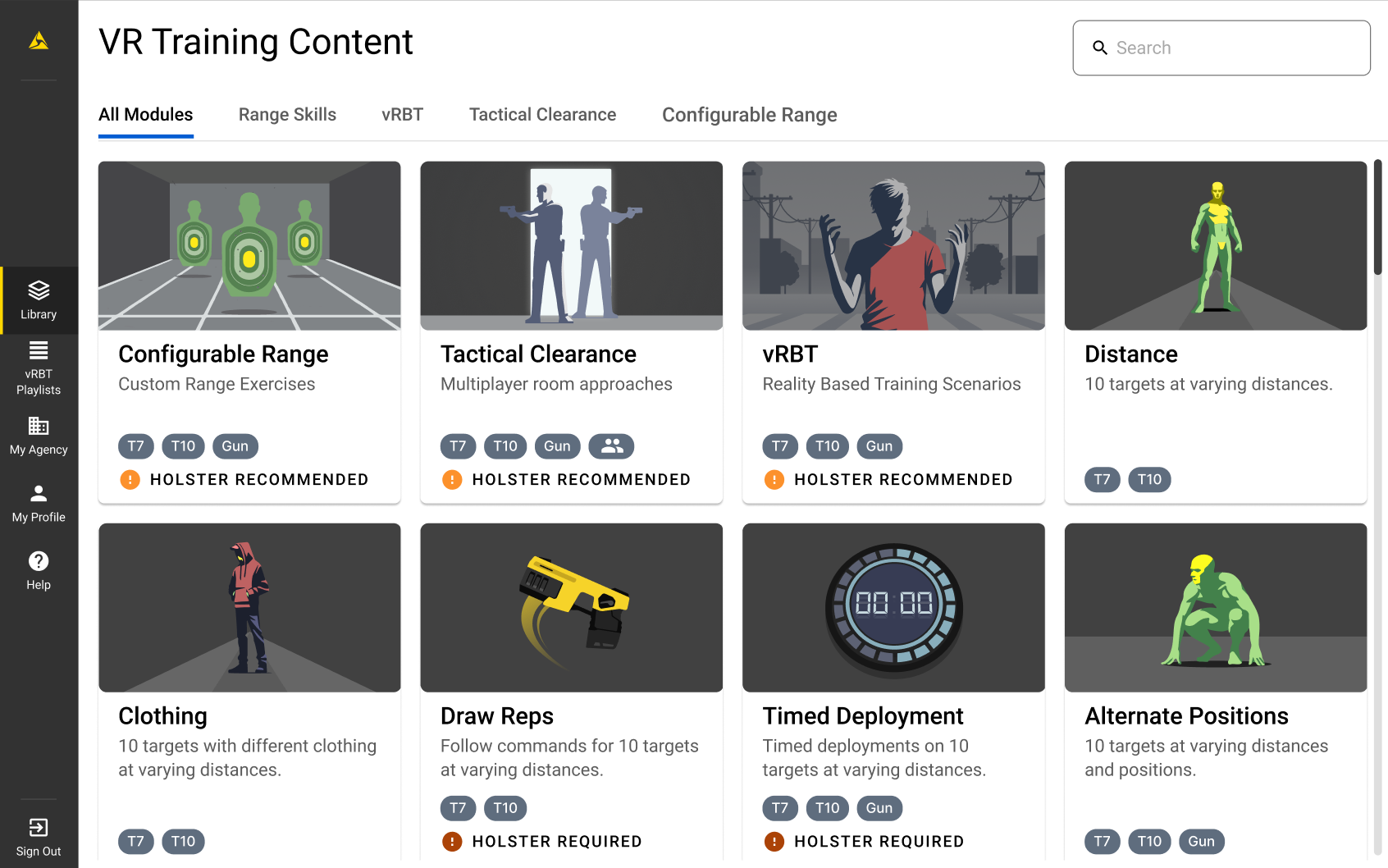 The Axon VR Training Content library showing available VR modules, including vRBT, Tactical Clearance, Distance, Clothing, Draw Reps, Timed Deployment, Alternate Positions, and Moving Targets.